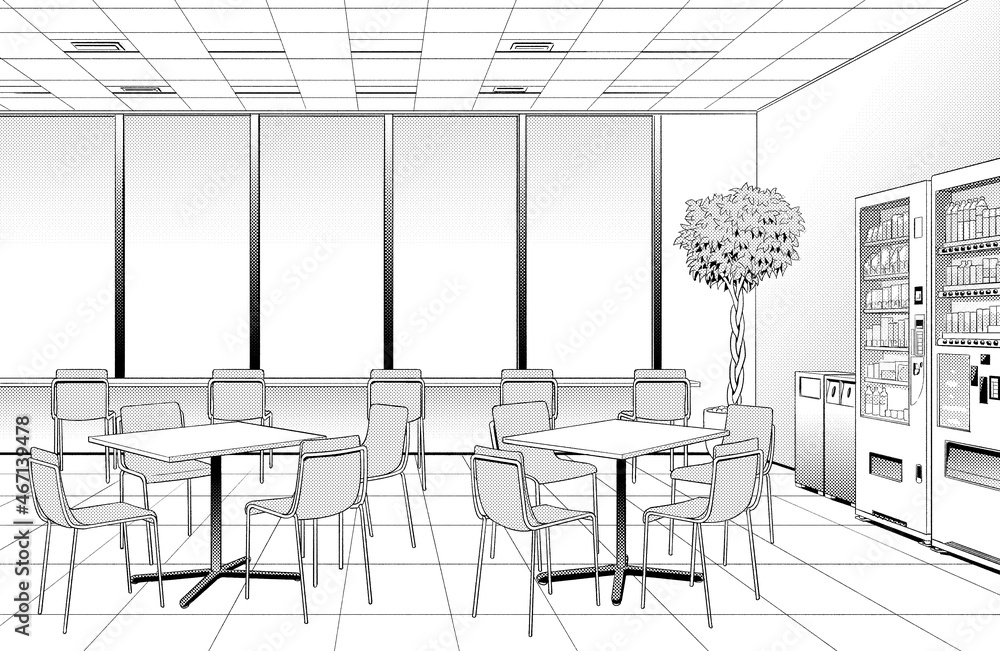 漫画風ペン画イラスト オフィス街_休憩室 漫画風ペン画イラスト オフィス街_休憩室