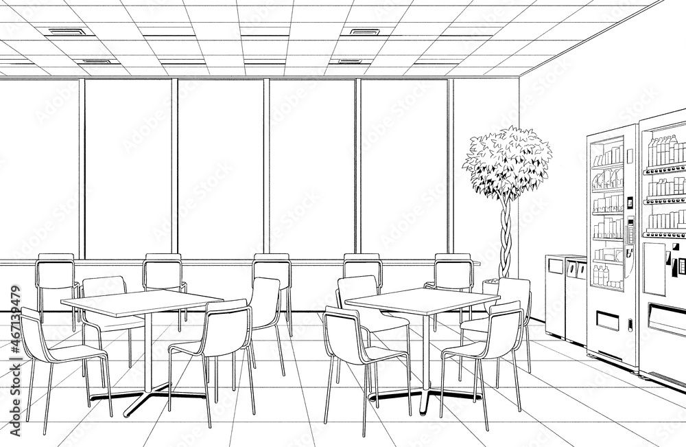 漫画風ペン画イラスト オフィス街_休憩室 漫画風ペン画イラスト オフィス街_休憩室