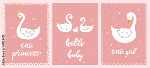 Fototapeta Naklejka Na Ścianę i Meble -  Set of three cute nursery posters with swans and lettering quotes on pink background. Good for girlish greeting cards, posters, prints, banners, etc. EPS 10