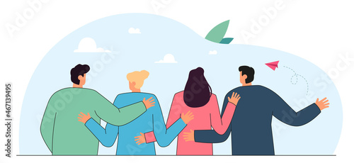 Crowd of friends or team of office workers hugging from behind. Diversity of community and cohesion of people standing together flat vector illustration. Communication, solidarity, teamwork concept photo