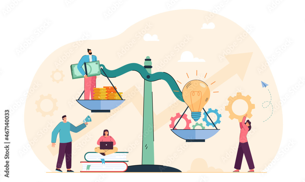 Naklejka premium Research of tiny employees price innovation on unbalanced scales. Business people working on creative ideas worth of money investment flat vector illustration. Valuation of financial profit concept
