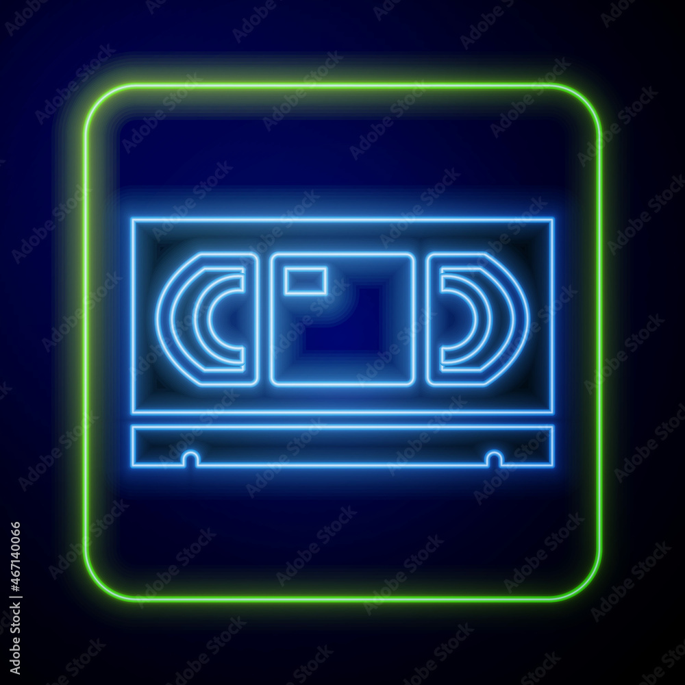 Glowing neon VHS video cassette tape icon isolated on blue background. Vector Glowing neon VHS video cassette tape icon isolated on blue background. Vector