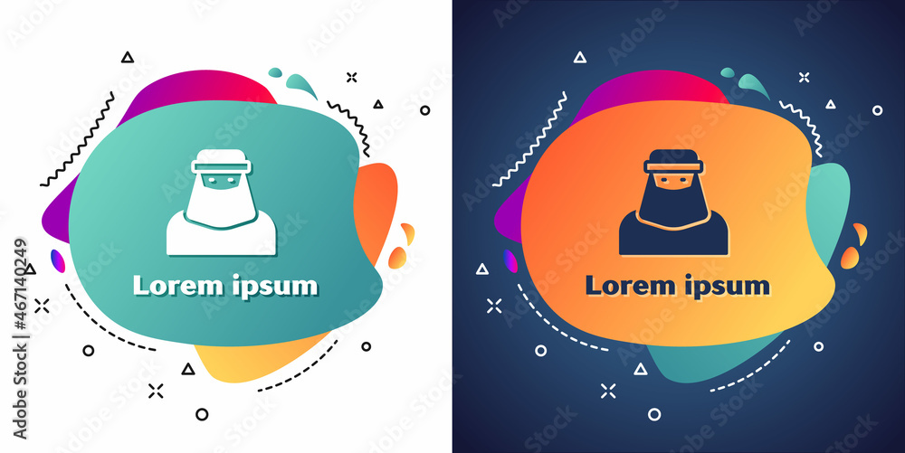Naklejka premium White Muslim woman in niqab icon isolated on white and blue background. Abstract banner with liquid shapes. Vector
