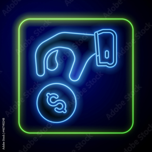 Glowing neon Donate or pay your zakat as muslim obligatory icon isolated on blue background. Muslim charity or alms in ramadan kareem before eid al-fir. Vector
