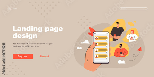 Sharing news online flat vector illustration. Hand holding smartphone with friends contacts on screen. Mobile user sharing post or information. Phone, digital technology concept