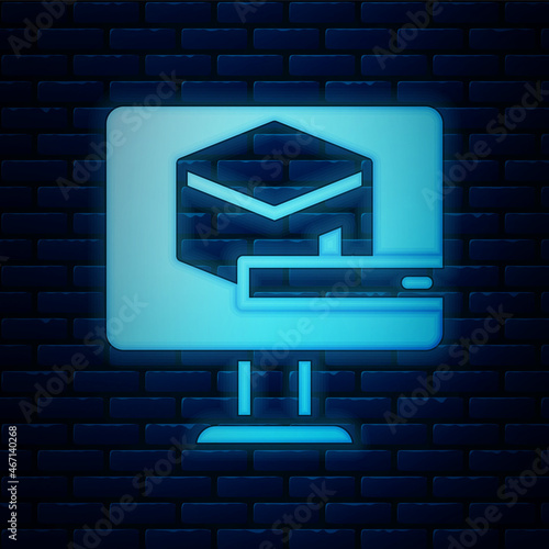 Glowing neon Kaaba mosque icon isolated on brick wall background. Kaaba hajj Mecca pray pilgrimage Ramadan Islam muslim mosque. Vector