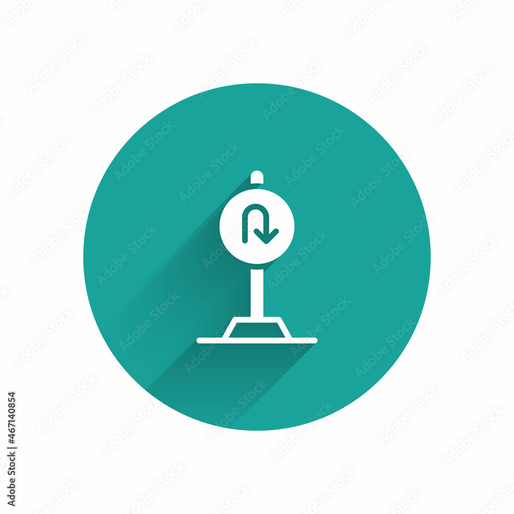 White Turn back road icon isolated with long shadow background. Traffic rules and safe driving. Green circle button. Vector White Turn back road icon isolated with long shadow background. Traffic rules and safe driving. Green circle button. Vector