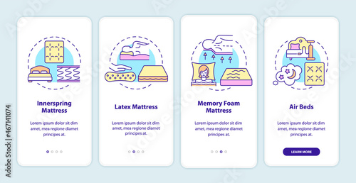 Common mattress types onboarding mobile app page screen. Comfortable bedding walkthrough 4 steps graphic instructions with concepts. UI, UX, GUI vector template with linear color illustrations