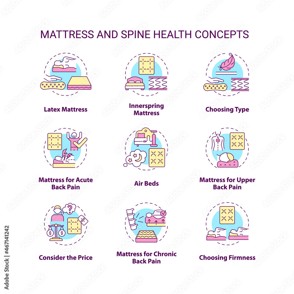 Mattress and spine health concept icons set. Back and neck pain relief idea thin line color illustrations. Mattress types and materials. Vector isolated outline drawings. Editable stroke Mattress and spine health concept icons set. Back and neck pain relief idea thin line color illustrations. Mattress types and materials. Vector isolated outline drawings. Editable stroke