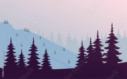 Summer landscape with coniferous forest and mountain slope at sunrise.