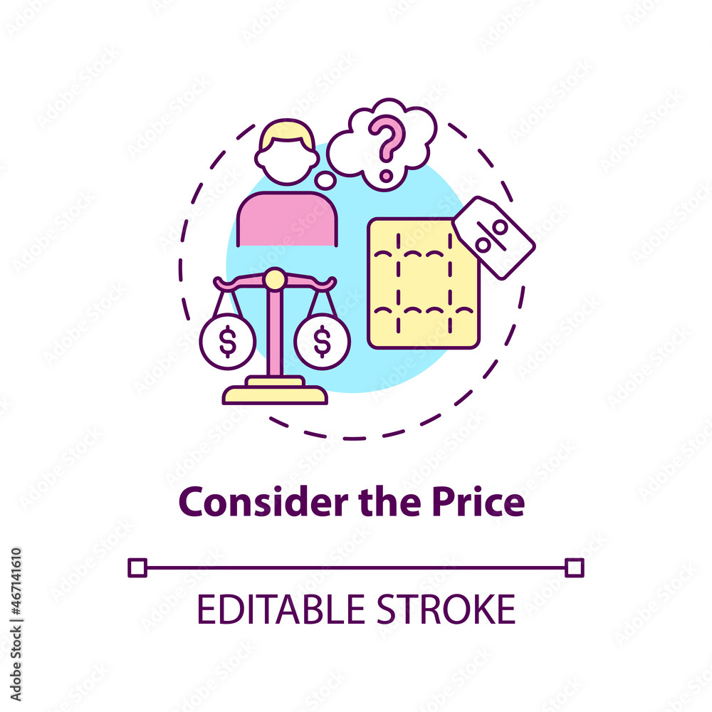 Fototapeta premium Consider the price concept icon. Choosing mattress abstract idea thin line illustration. Investment in sleeping comfort. Spine health. Vector isolated outline color drawing. Editable stroke