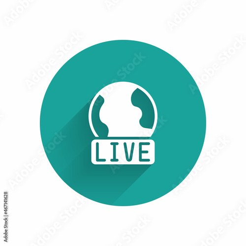 White Live report icon isolated with long shadow background. Live news, hot news. Green circle button. Vector