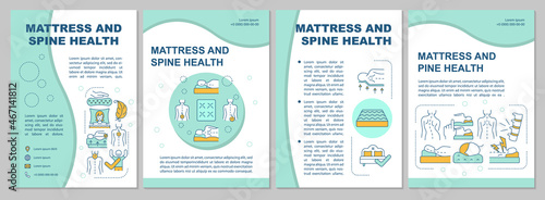 Mattress and spine health mint brochure template. Back pain relief. Flyer, booklet, leaflet print, cover design with linear icons. Vector layouts for presentation, annual reports, advertisement pages