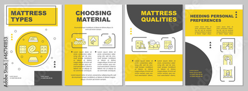 Choosing mattress yellow brochure template. Personal preferences. Flyer, booklet, leaflet print, cover design with linear icons. Vector layouts for presentation, annual reports, advertisement pages
