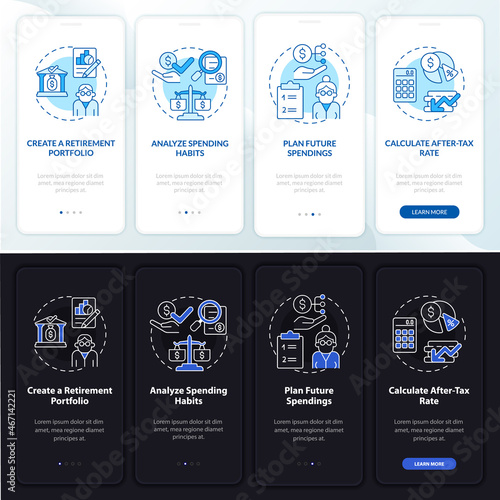 Saving money onboarding mobile app page screen. Analyze spendings walkthrough 4 steps graphic instructions with concepts. UI, UX, GUI vector template with linear night and day mode illustrations