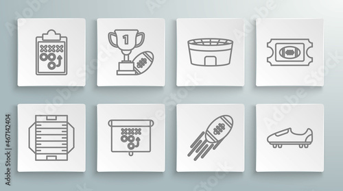 Set line American football field, Award cup and, Planning strategy concept, Football, Soccer or shoes with spikes, stadium, ticket and icon. Vector