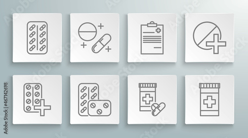Set line Pills in blister pack, Medicine pill or tablet, bottle and pills, Medical clipboard with clinical record, and icon. Vector