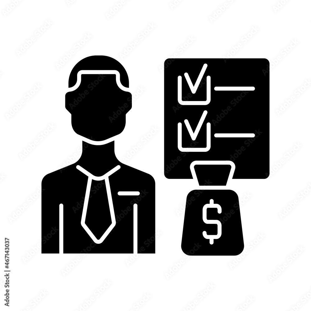 Financial planner black glyph icon. Qualified investment professional. Budget planning and managing advisor. Building wealth specialist. Silhouette symbol on white space. Vector isolated illustration Financial planner black glyph icon. Qualified investment professional. Budget planning and managing advisor. Building wealth specialist. Silhouette symbol on white space. Vector isolated illustration