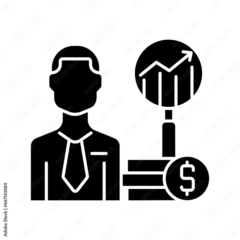 Financial analyst black glyph icon. Specialist undertaking analysis. Business decisions guiding expert. Investment and banking career. Silhouette symbol on white space. Vector isolated illustration Financial analyst black glyph icon. Specialist undertaking analysis. Business decisions guiding expert. Investment and banking career. Silhouette symbol on white space. Vector isolated illustration