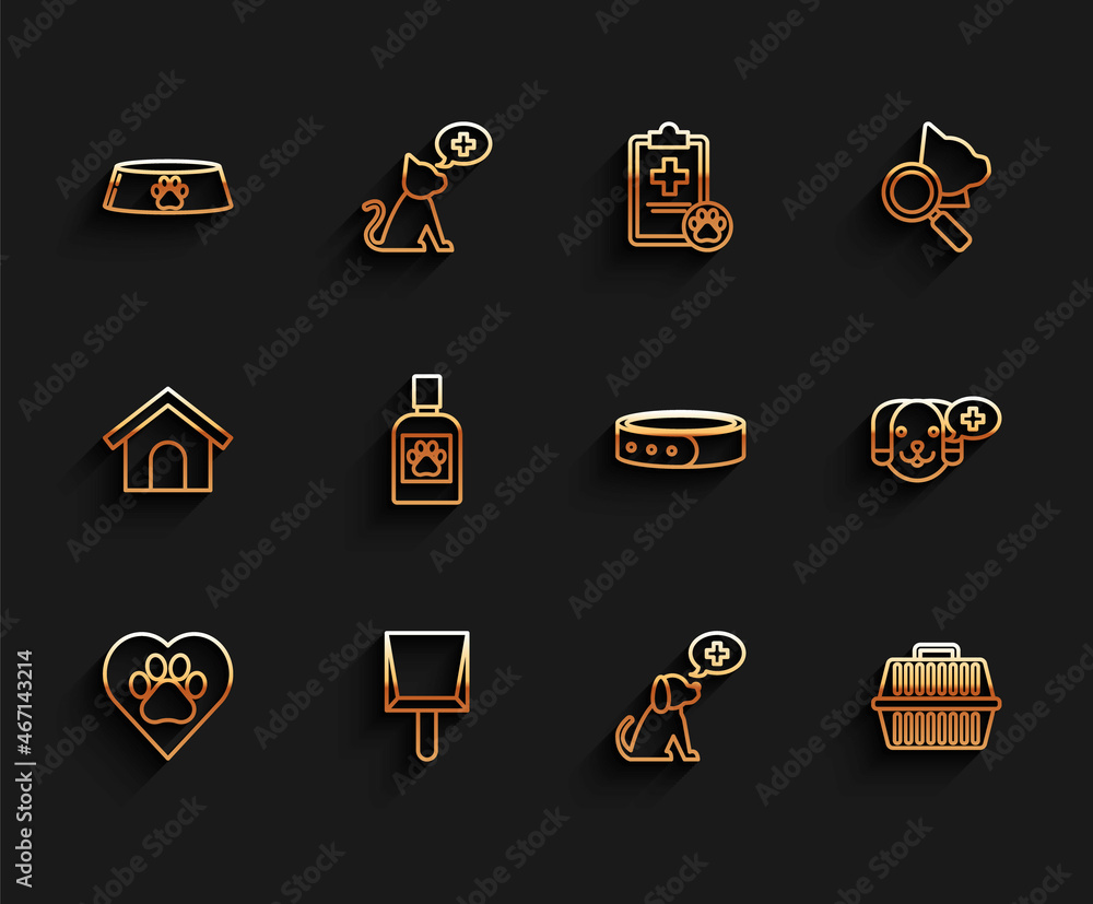 Set line Heart with animals footprint, Dustpan, Pet food bowl for cat or dog, Veterinary clinic symbol, carry case, Dog medicine bottle, and Collar name tag icon. Vector Set line Heart with animals footprint, Dustpan, Pet food bowl for cat or dog, Veterinary clinic symbol, carry case, Dog medicine bottle, and Collar name tag icon. Vector