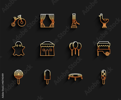 Set line Lollipop, Ice cream, Vintage bicycle with one big wheel and one small, Jumping trampoline, Corn dog, Circus tent, Fast street food cart awning and Balloons ribbon icon. Vector photo