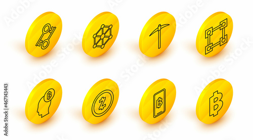 Set line Cryptocurrency coin Bitcoin, Phone mobile and cryptocurrency, Zcash ZEC, think, Blockchain technology, Pickaxe, and key icon. Vector