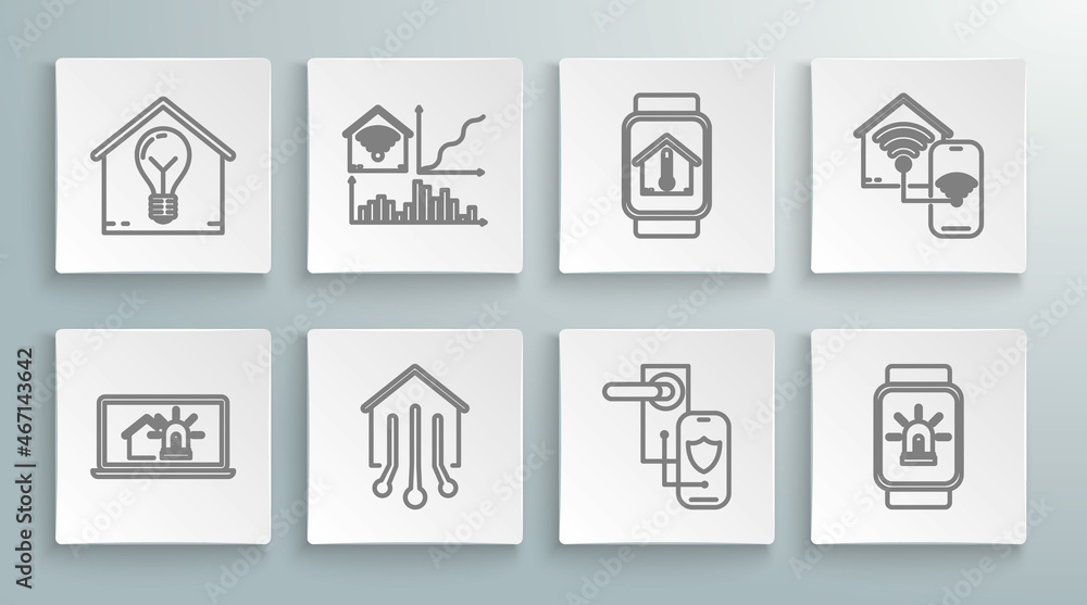 Set line Laptop with smart house and alarm, Smart home wi-fi, Digital door lock wireless technology for lock, watch, temperature, and light bulb icon. Vector Set line Laptop with smart house and alarm, Smart home wi-fi, Digital door lock wireless technology for lock, watch, temperature, and light bulb icon. Vector