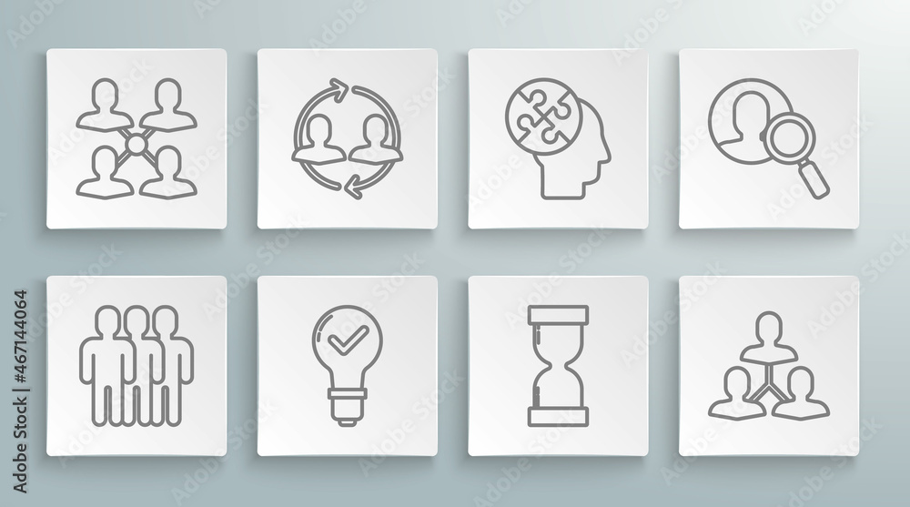 Set line Users group, Human resources, Light bulb and check mark, Old hourglass with flowing sand, Project team base, head puzzles strategy, Magnifying for search people and icon. Vector Set line Users group, Human resources, Light bulb and check mark, Old hourglass with flowing sand, Project team base, head puzzles strategy, Magnifying for search people and icon. Vector