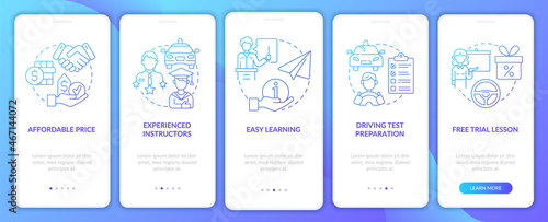 Driving school benefits blue gradient onboarding mobile app page screen. Advantages walkthrough 5 steps graphic instructions with concepts. UI, UX, GUI vector template with linear color illustrations