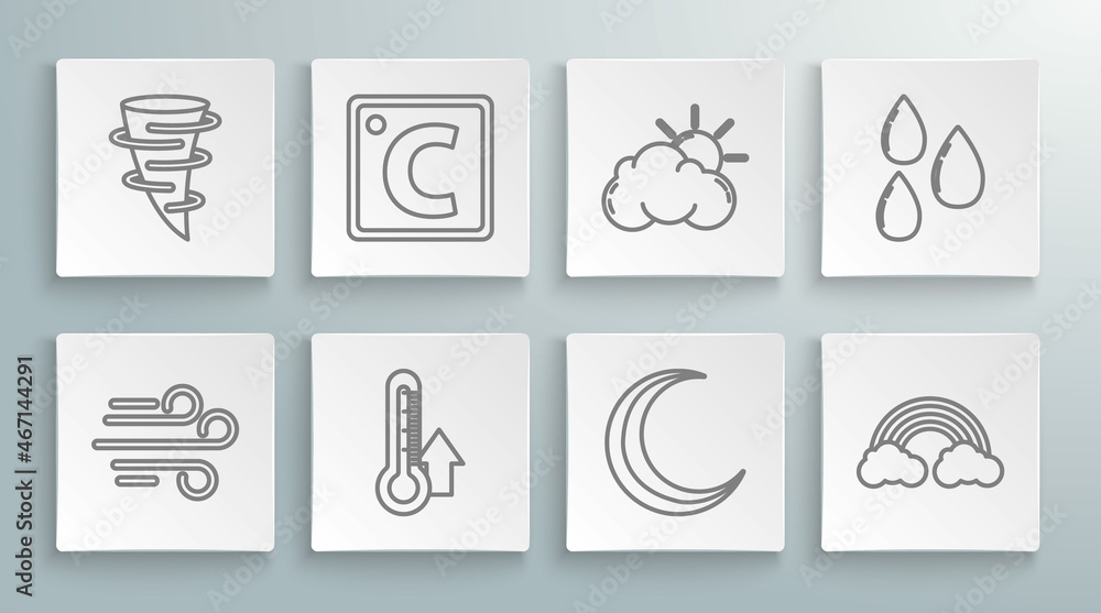 Set line Wind, Celsius, Thermometer, Moon and stars, Rainbow with clouds, Sun weather, Water drop and Tornado icon. Vector Set line Wind, Celsius, Thermometer, Moon and stars, Rainbow with clouds, Sun weather, Water drop and Tornado icon. Vector