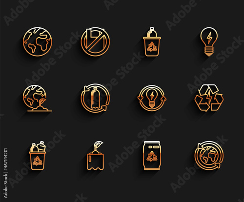 Set line Recycle bin with recycle symbol, Sprout bottle, Earth globe, Can and can, Planet earth recycling, Recycling plastic, Battery and light bulb lightning icon. Vector