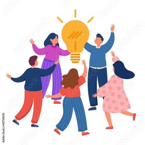 Group of people standing around lightbulb and giving high five to each other. Team brainstorming at office meeting flat vector illustration. Business idea, startup, community concept