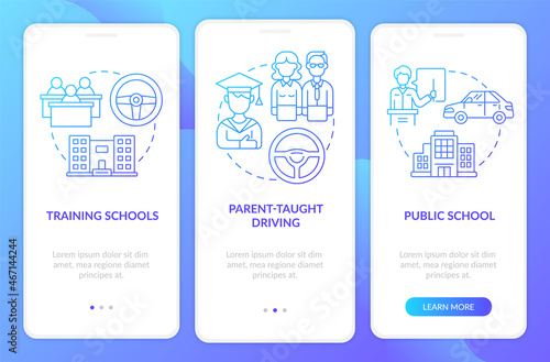 Driver education for teens blue gradient onboarding mobile app page screen. Walkthrough 3 steps graphic instructions with concepts. UI, UX, GUI vector template with linear color illustrations