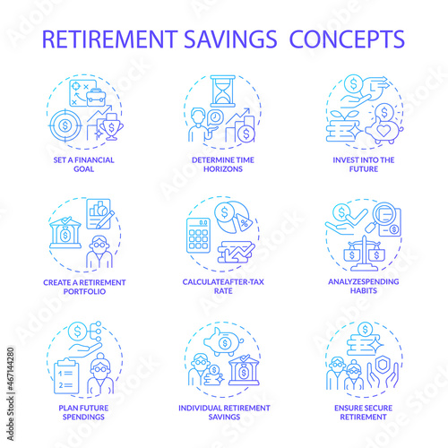 Retiral savings concept icons set. Pension fund creation idea thin line color illustrations. Planning future budget. Income management and analysis. Vector isolated outline drawings