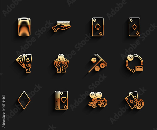 Set line Playing card with diamonds symbol, Deck of playing cards, Casino chips, chips, game dice and glass whiskey ice cubes, Hand holding casino, exchange stacks dollars and Stick for icon. Vector