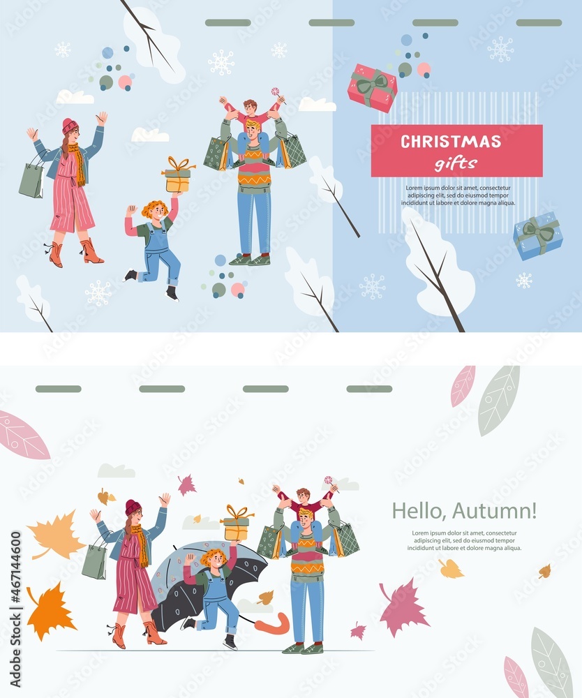 Christmas winter and autumn website mockups set for sales and holiday markets. Winter and autumn season fair and market web banner templates with family buying goods, flat vector illustration.
