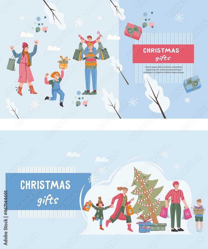 Fototapeta premium Christmas and New Year website mockups set for sales and holiday markets. Winter fair and market advertising web banner templates with family buying Christmas gifts, flat vector illustration.