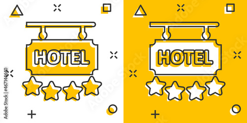 Hotel 4 stars sign icon in comic style. Inn cartoon vector illustration on white isolated background. Hostel room information splash effect business concept.