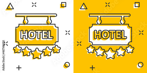 Hotel 5 stars sign icon in comic style. Inn cartoon vector illustration on white isolated background. Hostel room information splash effect business concept.