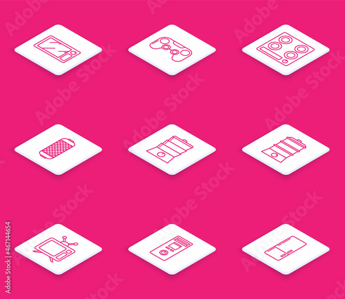 Set line Microwave oven, Gamepad, Gas stove, Stereo speaker, Double boiler, Television and Remote control icon. Vector