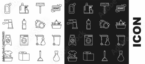 Set line Garbage bag, Trash can, Plastic bottles for liquid dishwashing liquid, Squeegee, scraper, wiper, Water tap, and Washing dishes icon. Vector