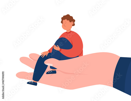 Young male character in grief sitting on hand palm. Counseling session with patient flat vector illustration. Psychological assistance, psychotherapy counselor, help and support concept