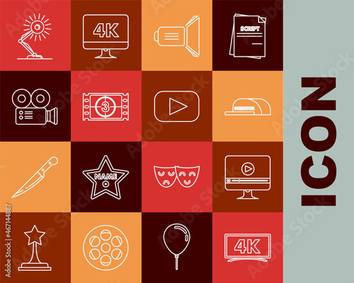 Set line , Online play video, Cap with inscription director, Movie spotlight, Play Video, Cinema camera, Table lamp and icon. Vector