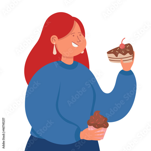 Sweet tooth lady eating chocolate cake and cupcake. Smiling adult female person getting fat keeping on unhealthy diet flat vector illustration. Unhealthy food, sweets and bakery production concept