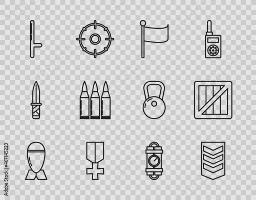 Set line Aviation bomb, Military rank, Flag, reward medal, Police rubber baton, Bullet, Detonate dynamite stick and timer clock and ammunition box icon. Vector
