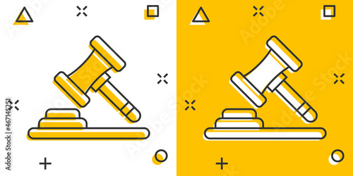 Auction hammer icon in comic style. Court sign cartoon vector illustration on white isolated background. Tribunal splash effect business concept.