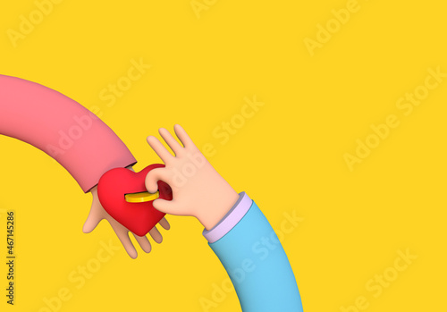 Concept of Patronage and Donation. Hand holds a moneybox in the shape of a heart other hand puts a coin there. 3d illustration on yellow background.