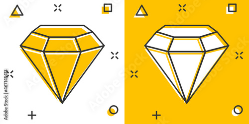 Diamond gem icon in comic style. Gemstone cartoon vector illustration on white isolated background. Jewelry brilliant splash effect business concept.