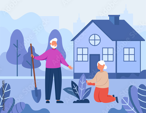 Old grandparents putting plant in soil in garden. Cartoon elderly family healthy lifestyle flat vector illustration. Horticulture, leisure time, activity for senior people concept