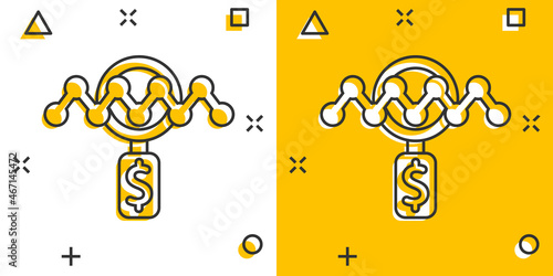 Magnifier glass with money icon in comic style. Dollar search cartoon vector illustration on white isolated background. Financial currency splash effect business concept.